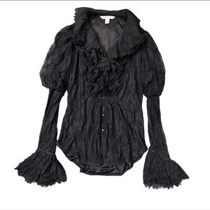 Vintage 2000s Black Lace Victorian Blouse Piratecore Gothic Ruffled Bell Sleeves